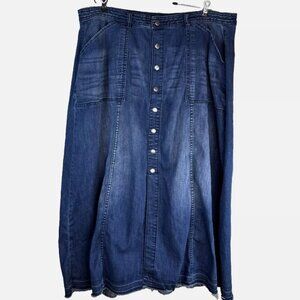 Lane Bryant Denim Maxi Skirt Women Sz 20 Blue Snap Pockets Raw Hem A-Line